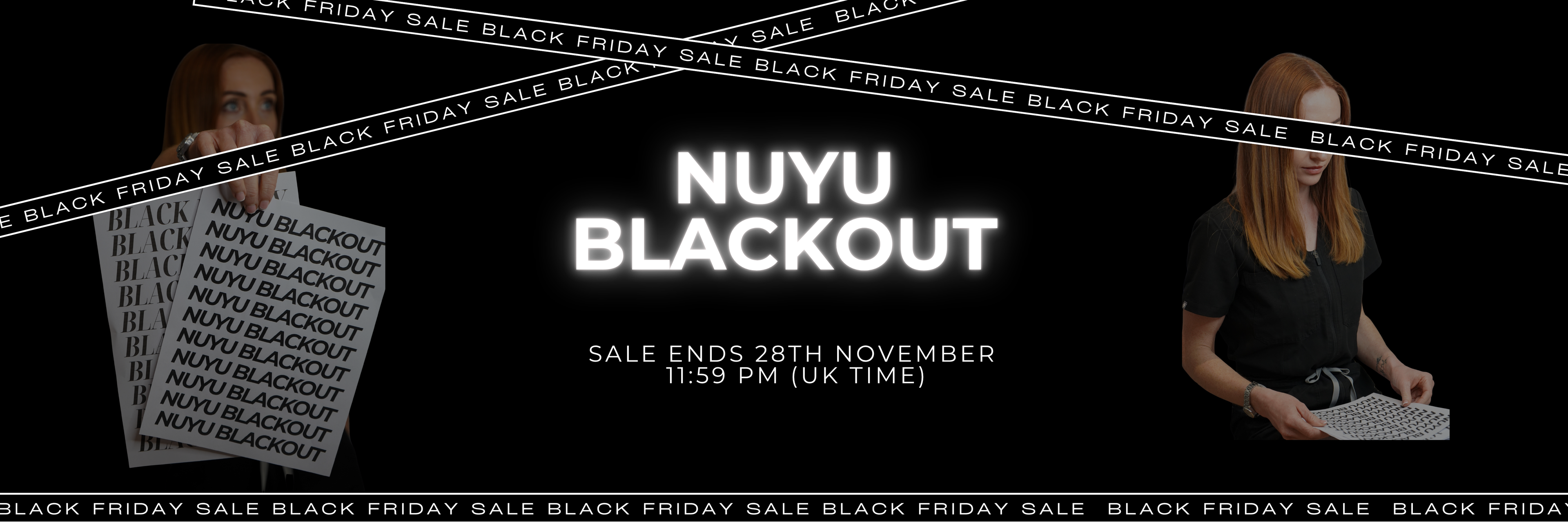 Promotional banner for NUYU Blackout sale with text and images of people holding signs.